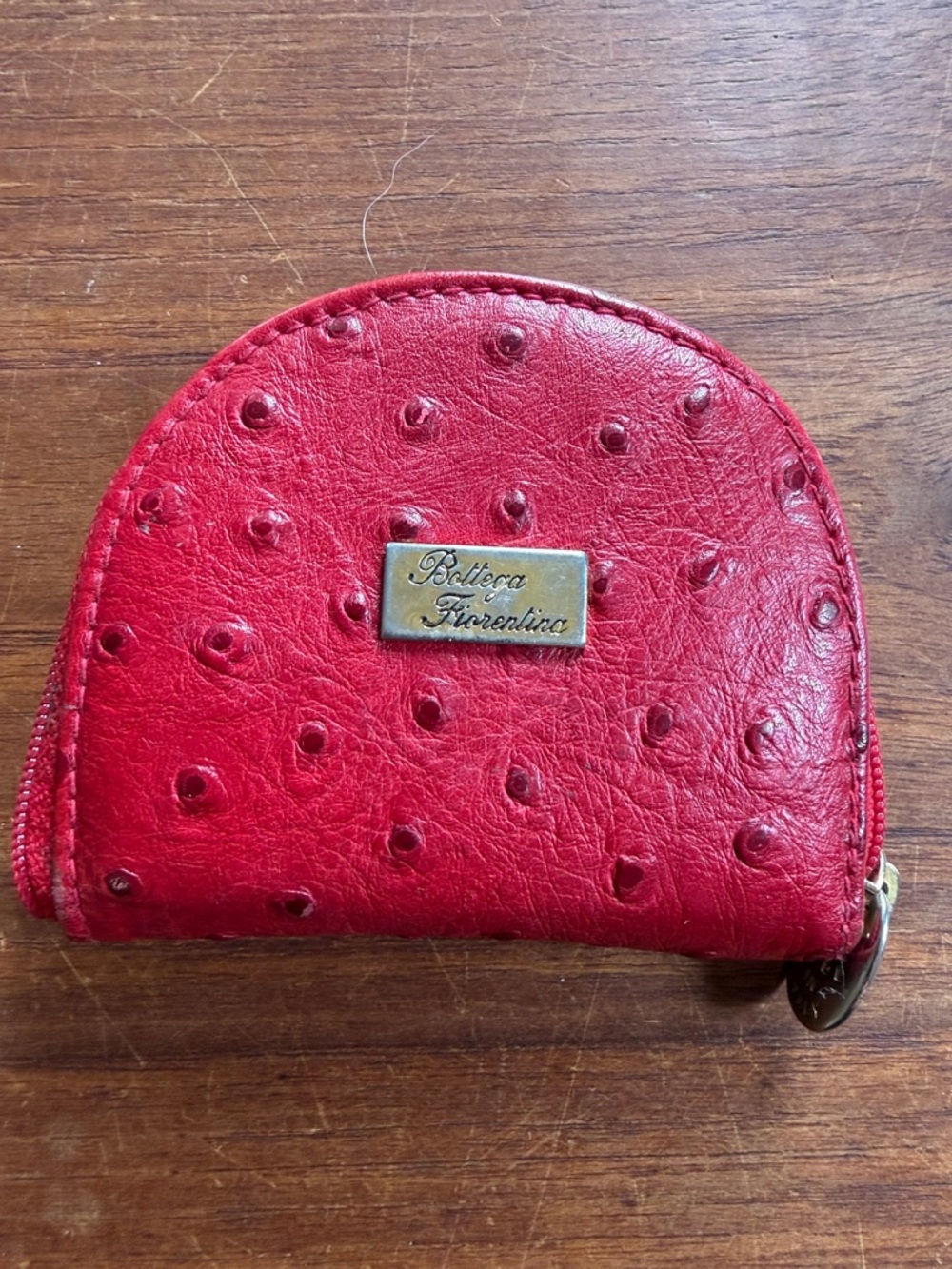 Bottega Fiorentina Ostrich Embossed Leather Coin Purse Red Italian Made